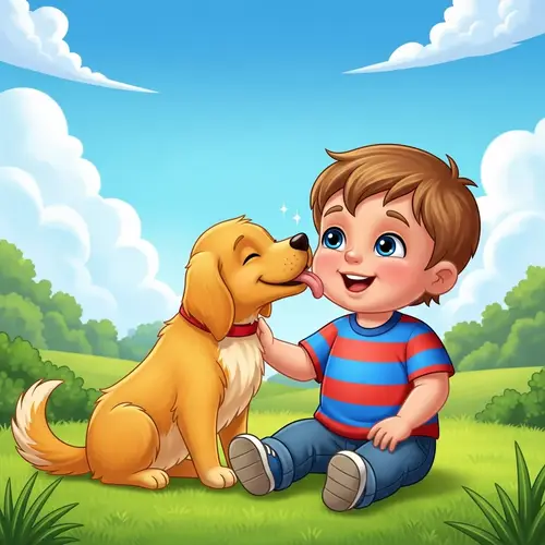 Joyful Toddler Cartoon with Golden Retriever | Heartwarming Scene