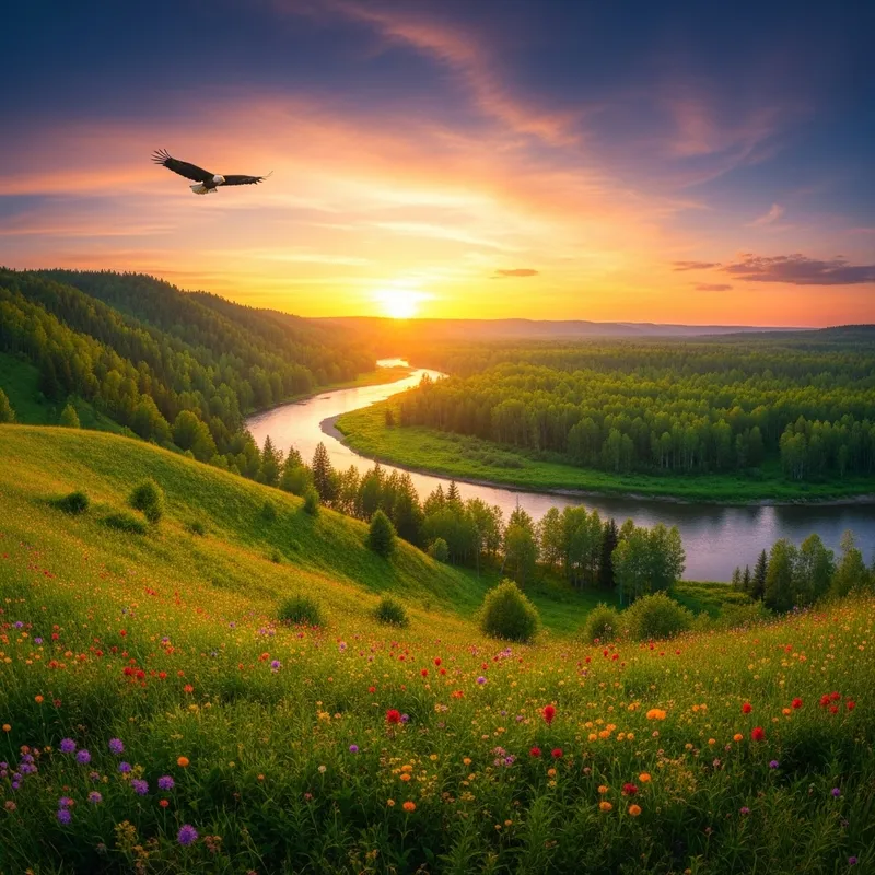 Tranquil Natural Landscape with Soaring Eagle - Stunning Beauty Tranquil Natural Landscape with Soaring Eagle - Stunning Beauty