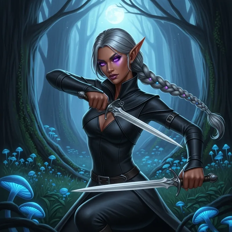 South Asian Female Elf Thief with Dual Daggers in Enchanted Forest