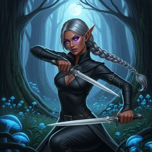South Asian Female Elf Rogue Dagger Warrior in Magical Forest