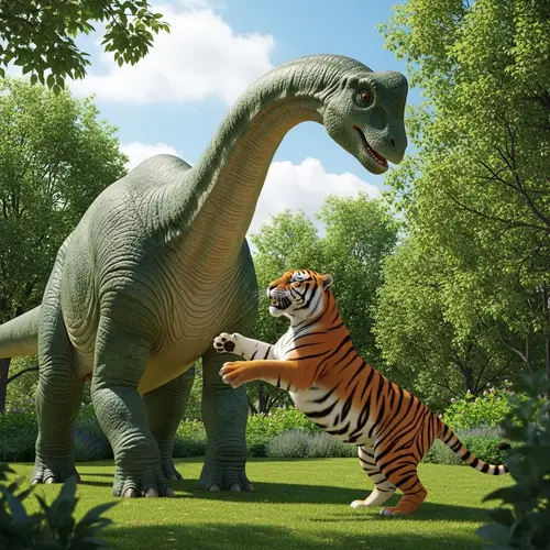 Majestic Diplodocus and Playful Tiger Frolicking in Lush Park