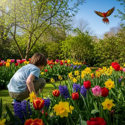 Sunny Springtime Garden with Child and Colorful Bird