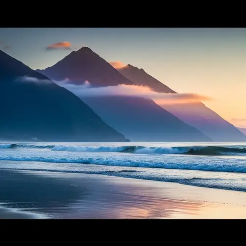 Serene Sunrise Landscape: Majestic Sea and Tall Mountains
