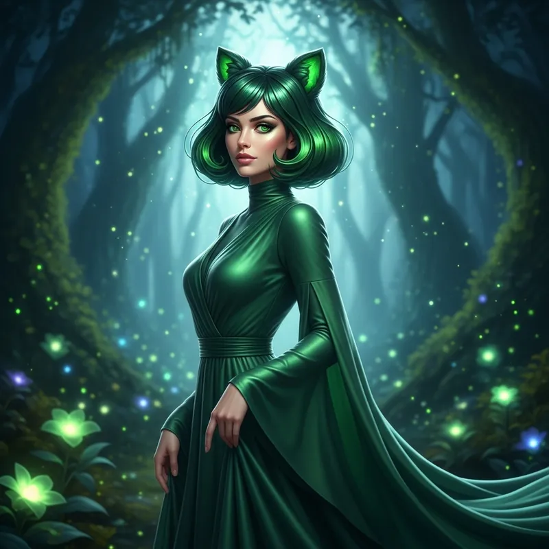 Strikingly Beautiful Woman with Emerald Cat Ear Hair & Green Dress