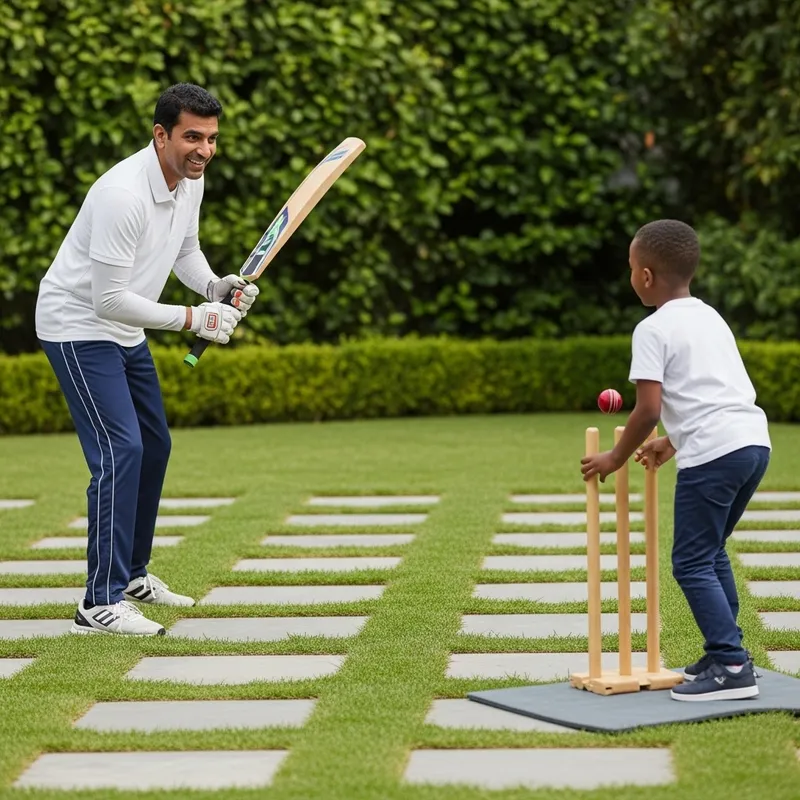 South Asian Uncle & African American Nephew Cricket Game on Lawn