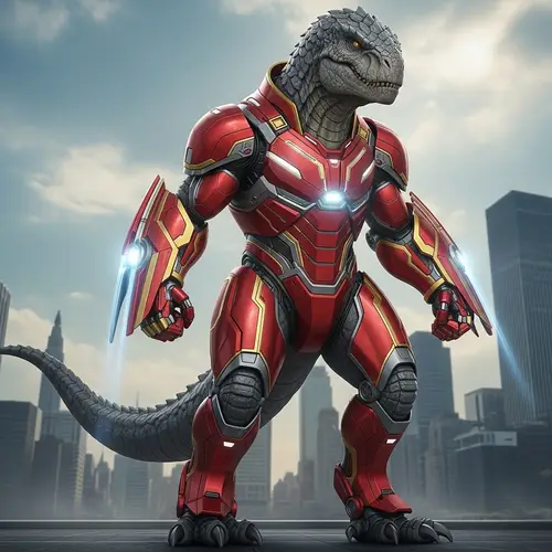 Godzilla in Iron Man Suit: Red & Gold Armor in Cityscape