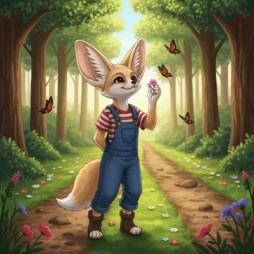 Young Female Fennec Fox in Dungarees | Forest Illustration