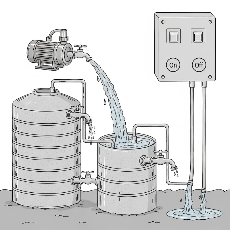 Interactive 2D Water Pump System with Control Panel and Tap