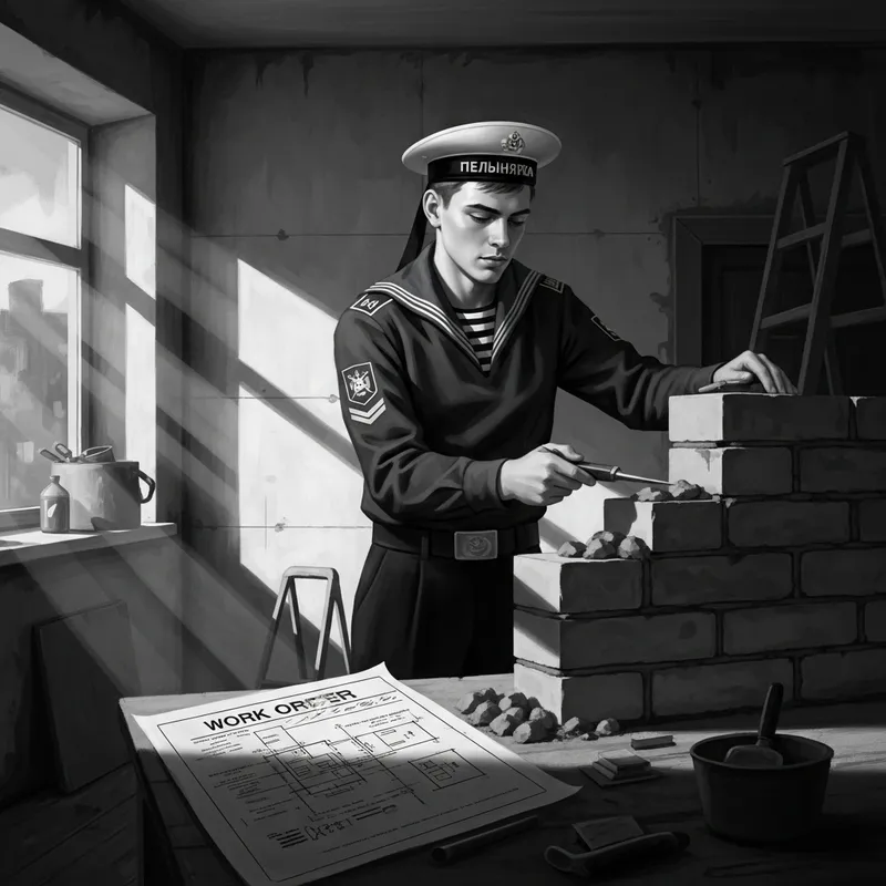 Vintage Black-and-White Poster of Russian Sailor Building Brick Wall Vintage Black-and-White Poster of Russian Sailor Building Brick Wall