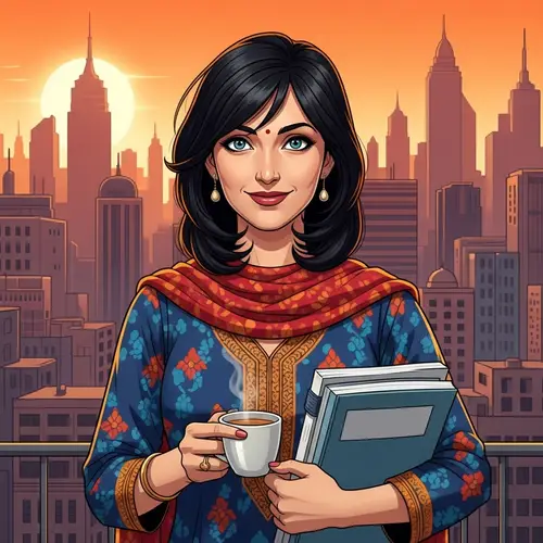 South Asian Woman in Traditional Attire with Academic Journals and Chai
