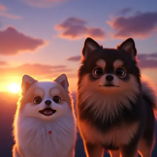 Stunning Sunset Animation - White and Brown Pomeranian Dogs