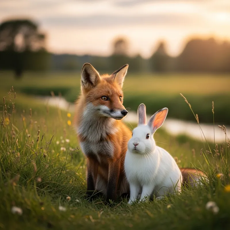 Charming Fox and Lovely Rabbit - Adorable Wildlife Duo