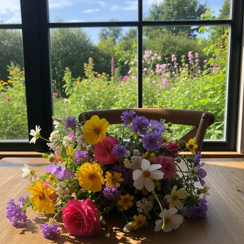 Tranquil Wildflower Bouquet on Rustic Wooden Table