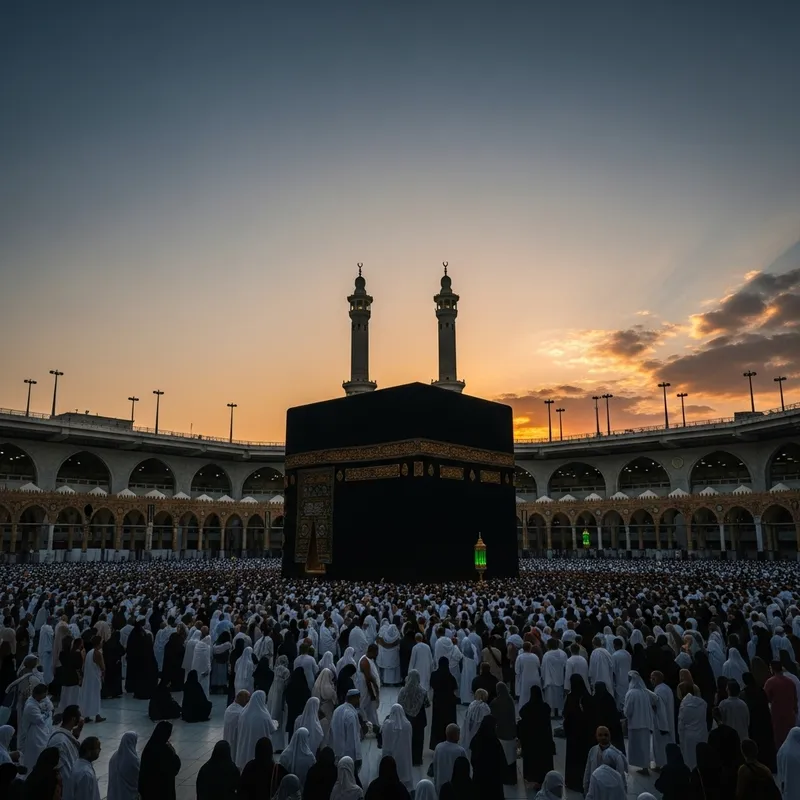 Majestic Kaaba at Sunset with Pilgrims
