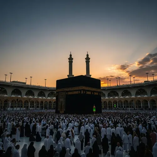 Majestic Kaaba at Sunset with Pilgrims