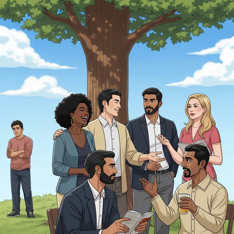 Fictional Scene: Gathering Under Tall Tree