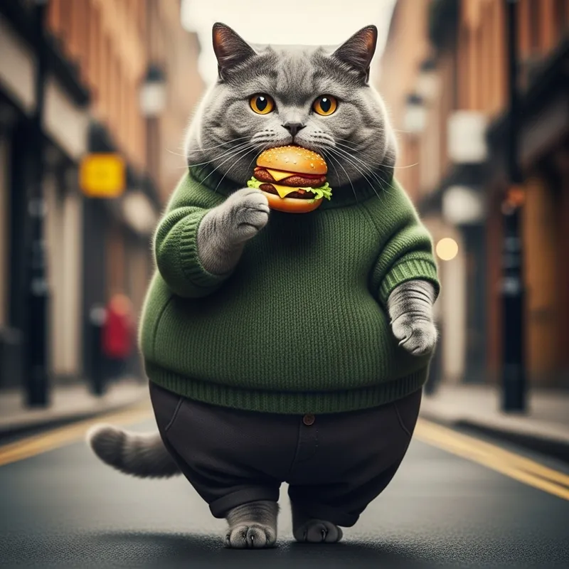 Stocky Grey British Cat in Green Sweater Munching on Hamburger Stocky Grey British Cat in Green Sweater Munching on Hamburger