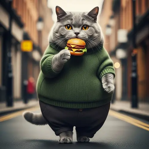 Chubby British Shorthair Cat in Green Sweater Munching on Hamburger