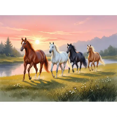 Tranquil Watercolor Painting of Four Horses in Meadow