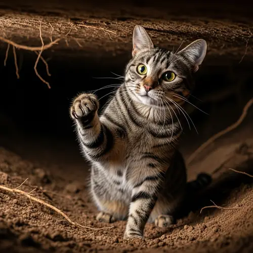 Sleek Striped Domestic Cat in Intense Hunting Pose