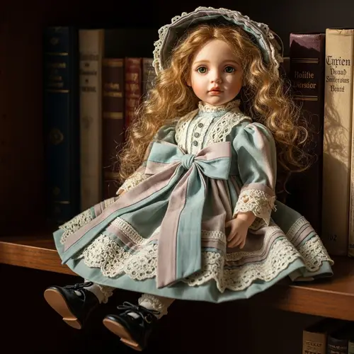 Victorian Style Doll in Pastel Dress on Wooden Shelf