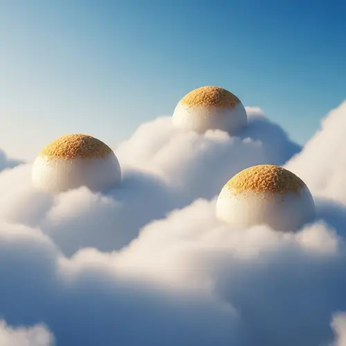 Three Mochi Desserts Floating on Fluffy Clouds