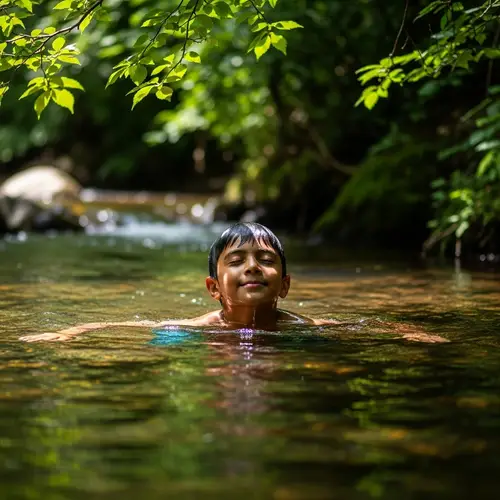 Tranquil Scene of South Asian Boy Swimming in Brook