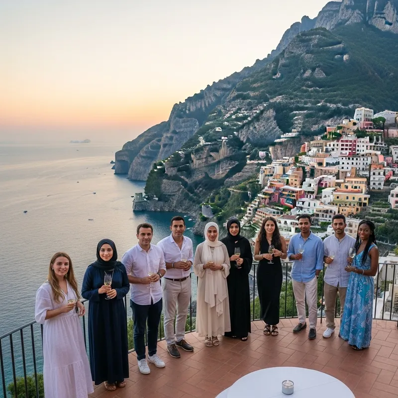 Picturesque Mountain Terrace with Diverse Group Watching Stunning Sunset