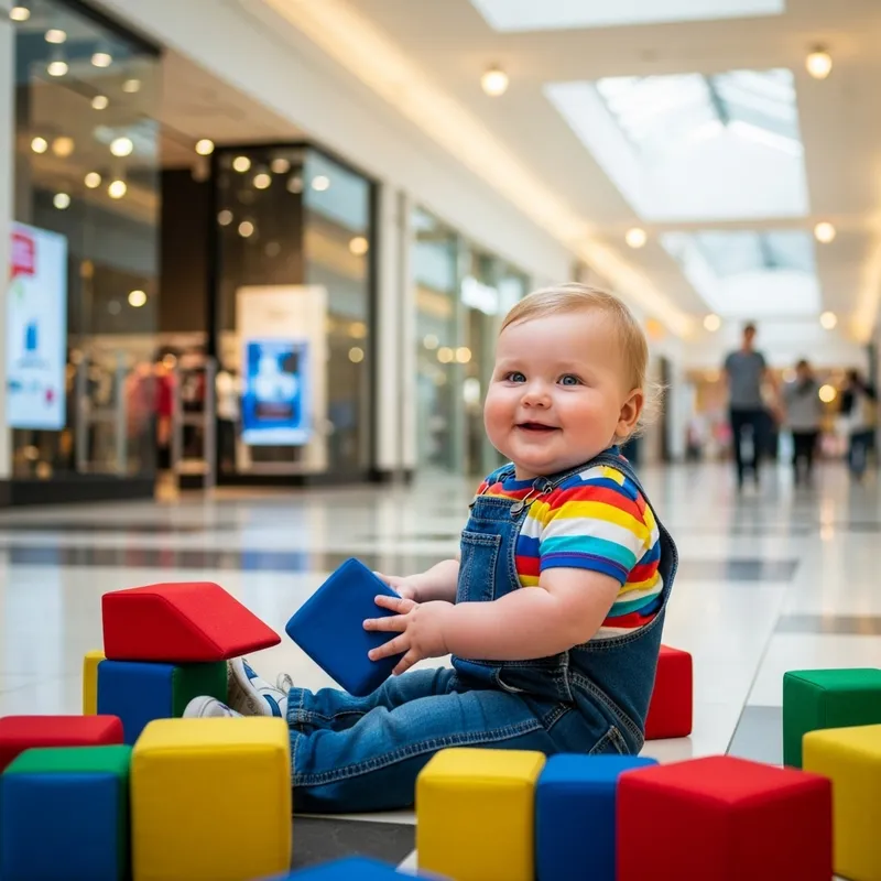 Chubby Child with Narrow Eyes Playing in the Mall