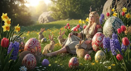 Beautiful Goddess in Spring Fantasy Landscape with Bunnies and Eggs
