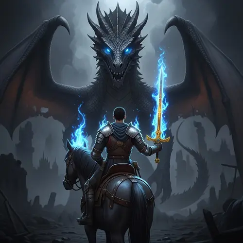 Epic Battle: Knight vs. Towering Dragon in Flames