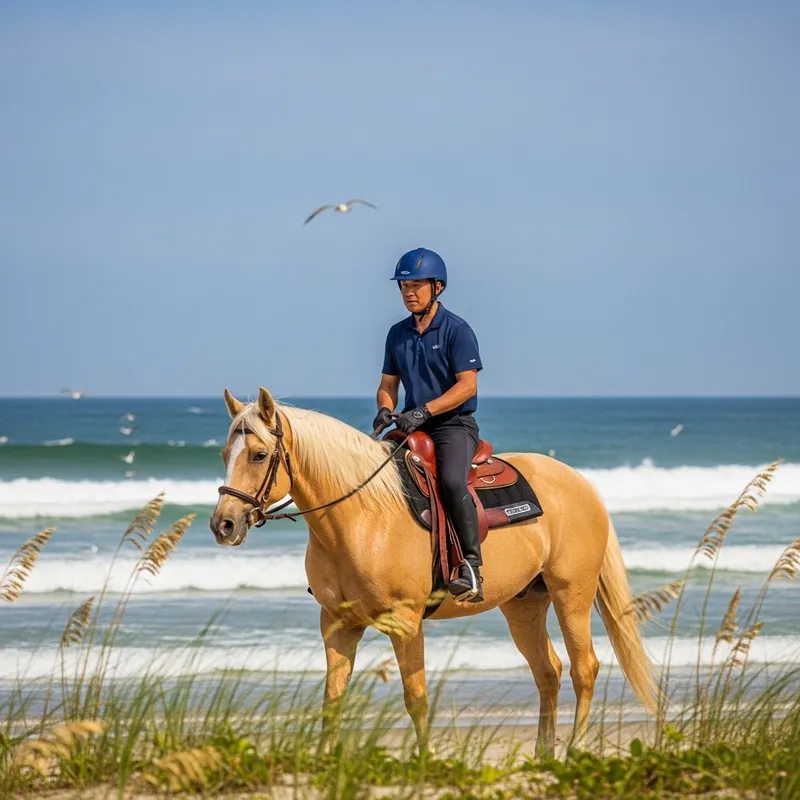 Asian Male Equestrian Riding Majestic Palomino Horse on Serene Beach Asian Male Equestrian Riding Majestic Palomino Horse on Serene Beach
