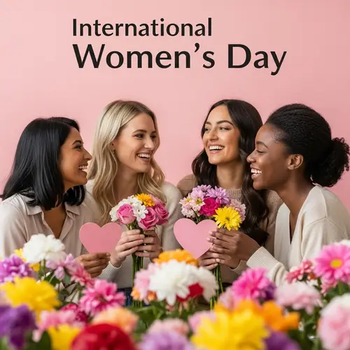 International Women's Day Celebration with Multiracial Women and Vibrant Flowers