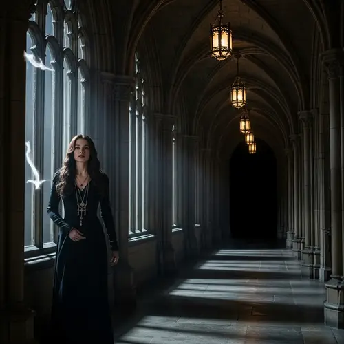 Gothic Film Character in Dimly Lit Corridor | Atmospheric Suspense