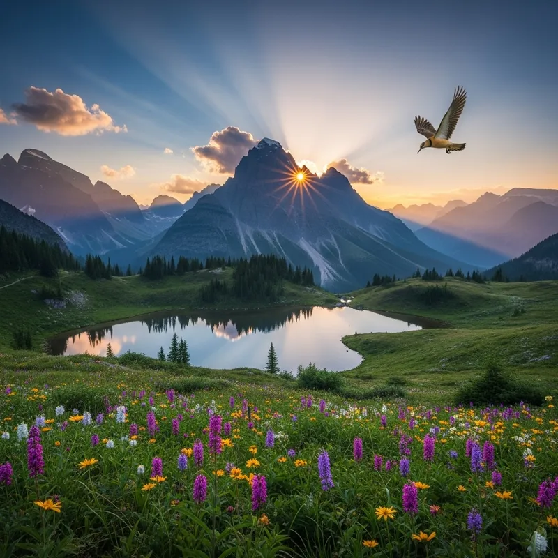 Breathtaking Sunrise Landscape: Mountain Range, Flying Bird