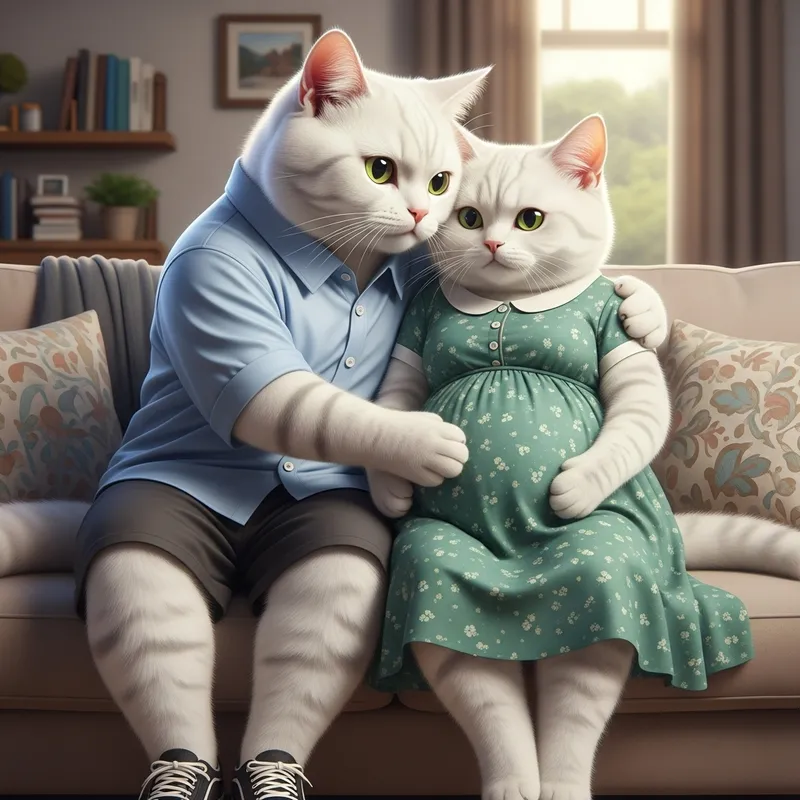 Realistic Scene of Pregnant White Cat Embraced by Scottish Partner Realistic Scene of Pregnant White Cat Embraced by Scottish Partner