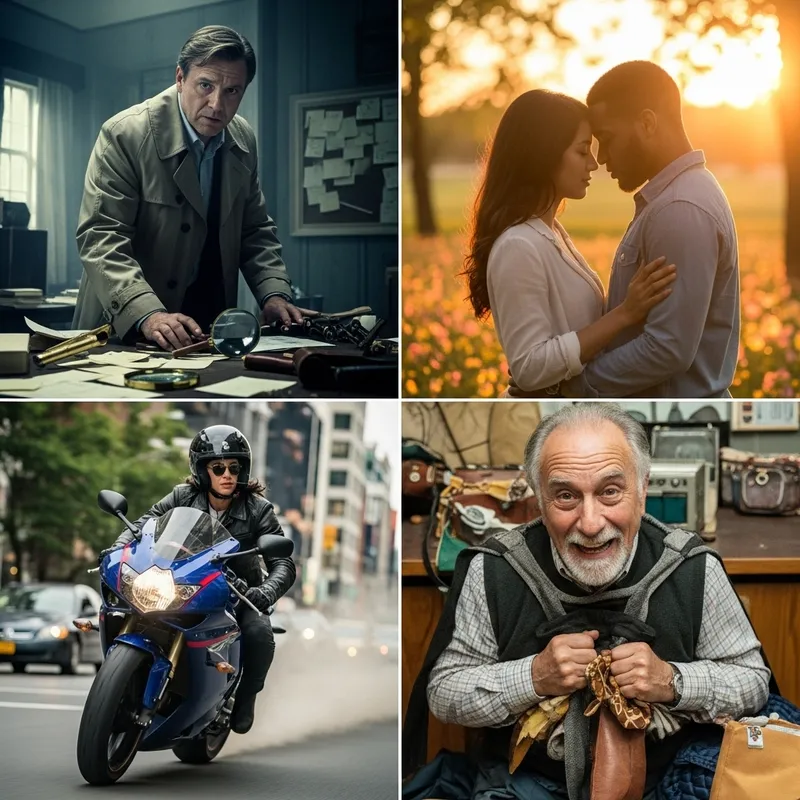 Film Genres Collage: Mystery, Romance, Action, Comedy Film Genres Collage: Mystery, Romance, Action, Comedy