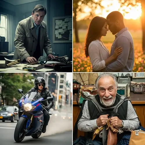 Film Genres Collage: Mystery, Romance, Action, Comedy