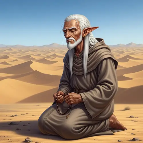 Middle Eastern Male Elf Monk Praying in the Desert