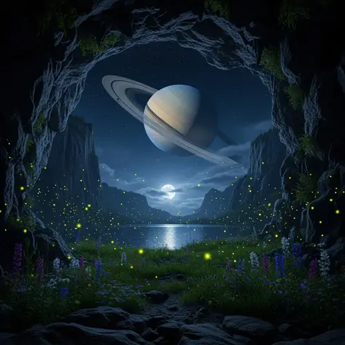 Nighttime Landscape with Fireflies, Lake, and Saturn in Sky