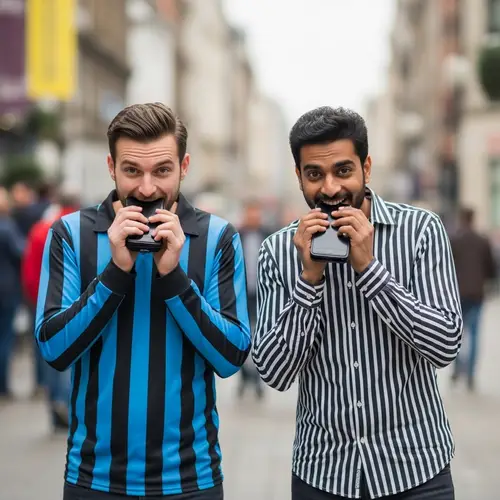 Playful Thieves in Black and Azure Striped Shirts | City Street Scene