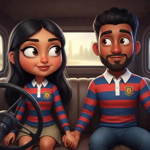 Animated South Asian Couple in Car | Pixar Style