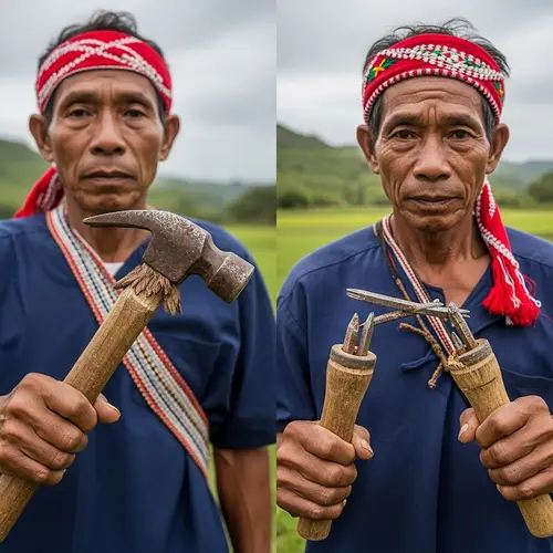 Ivatan Men Holding Broken Tools | Traditional Attire