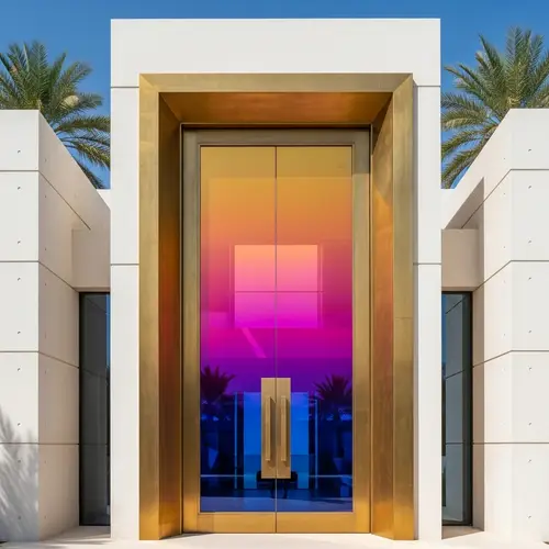 Modern Villa Brass Pivot-Door with Colourful Gradient Glass