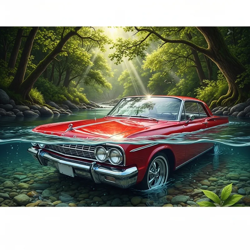 Vintage Red Car in Serene River Setting