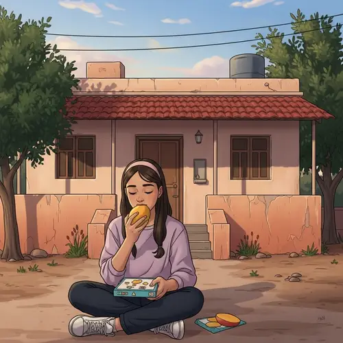 Middle-Eastern Girl Enjoying Mango Near Small House