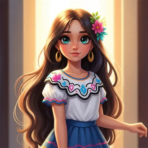 Charming Young Hispanic Girl in Vibrant Traditional Dress | Joyful Cartoon Art