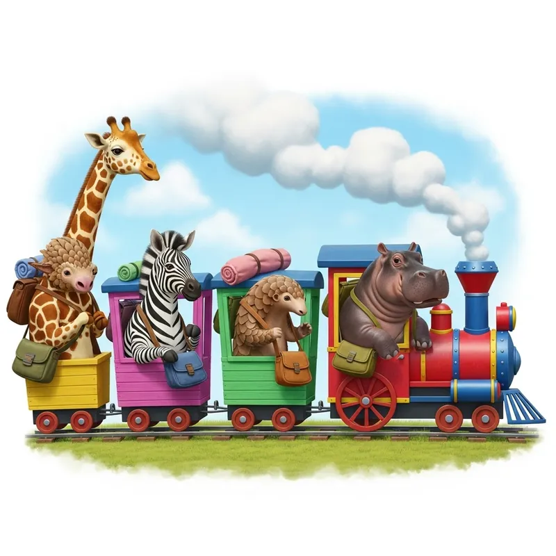 Exotic Animal Cartoon: Toy Train Adventure