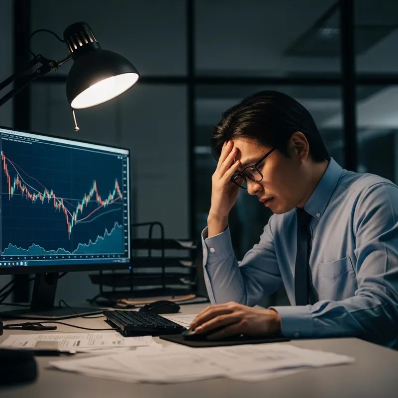 Desperate Asian Trader in Modern Office | Financial Distress