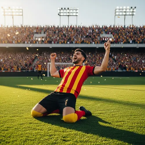 Hispanic Male Football Player Celebrating Goal in Stadium